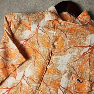 Vineyard Vines Palm Leaf Print Linen Button Down Shirt Men's Short Sleeve Orange